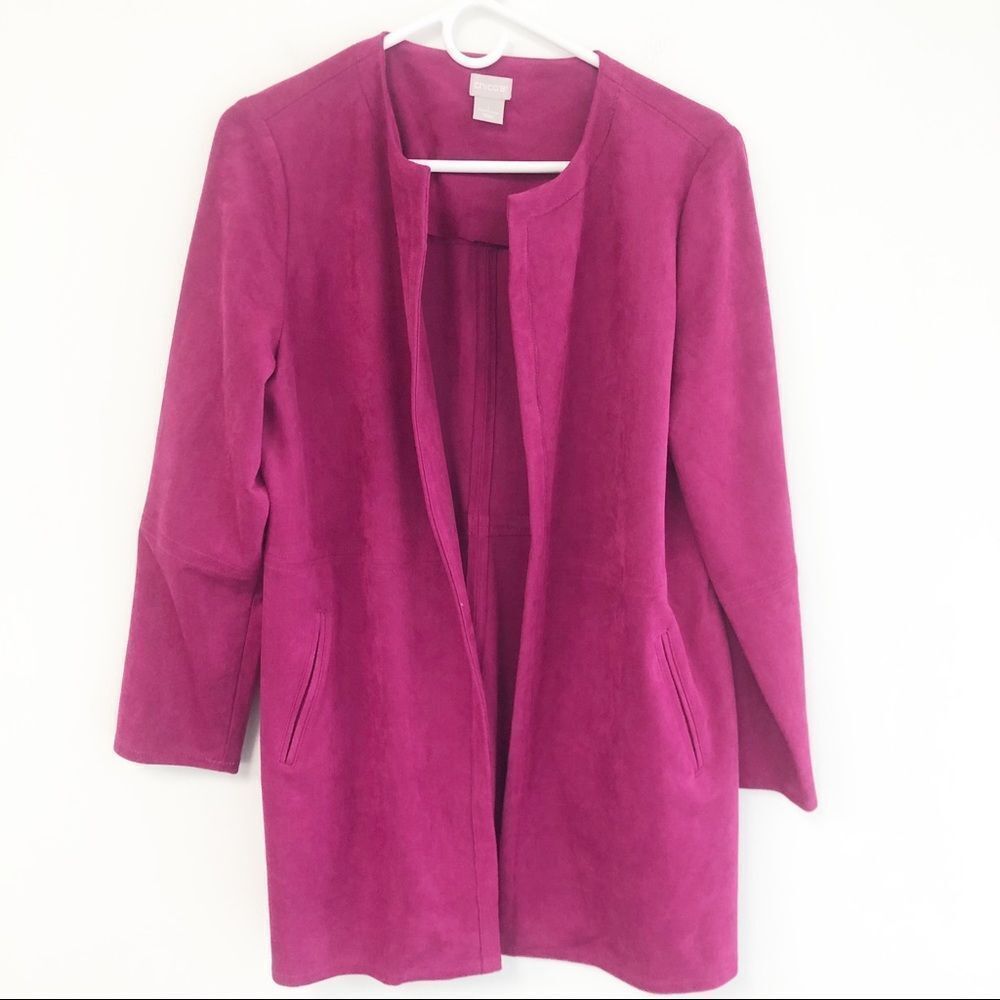 Chico's Faux Suede Jacket Magenta Pink Open Front Size 1